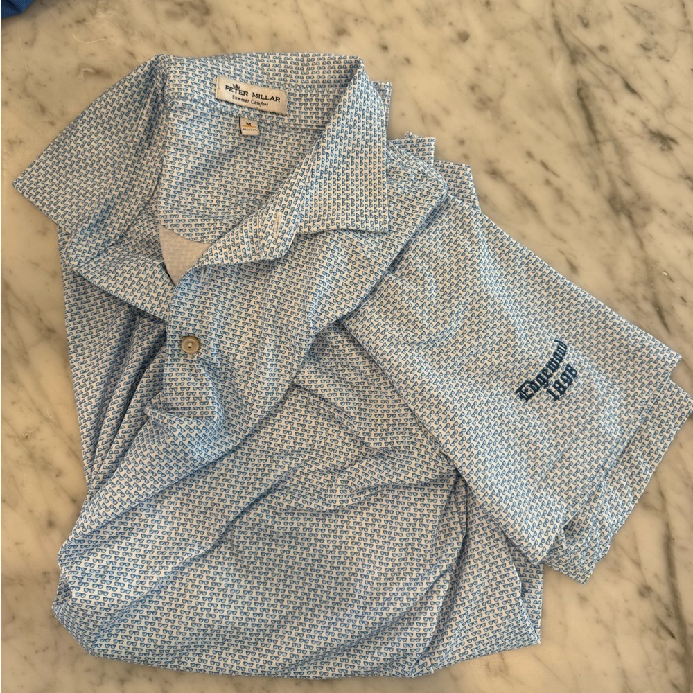 Two Men’s Peter Millar Light Blue & Navy Golf Polo